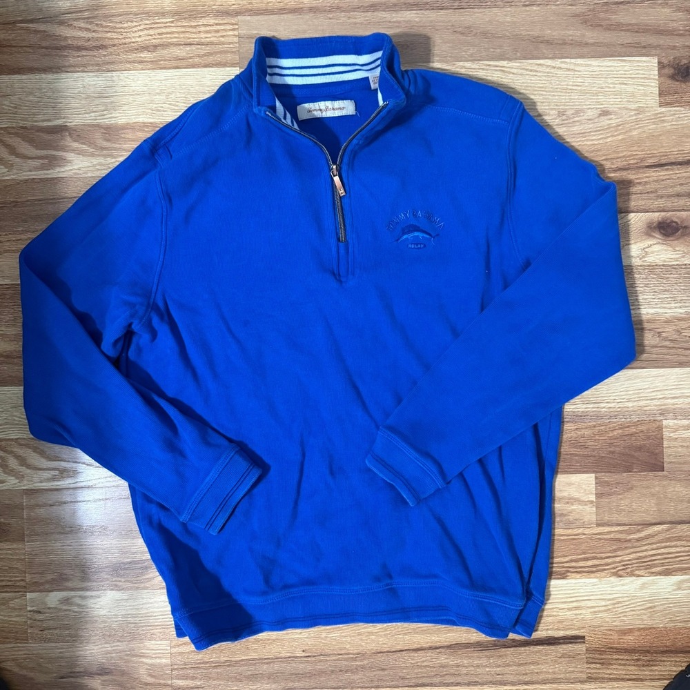 Tommy Bahama Relax Mens Blue 100% Cotton Quarter Zip Pullover Marlin Logo Medium